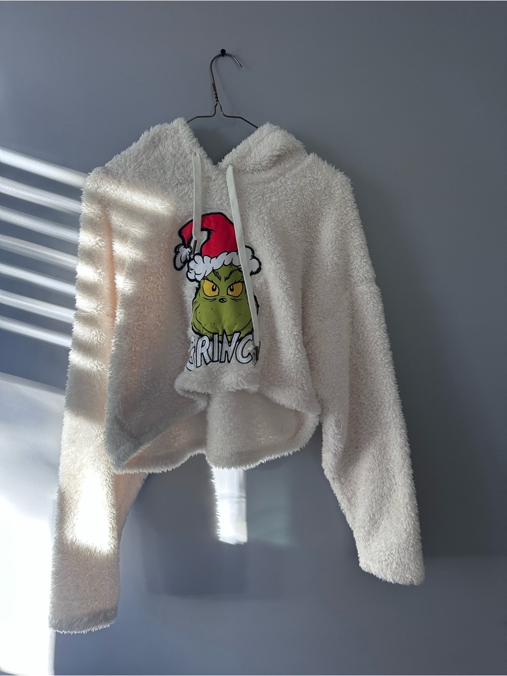 Cozy Ivory Grinch Hoodie - Festive Plush Women's Top Christmas holiday sweater